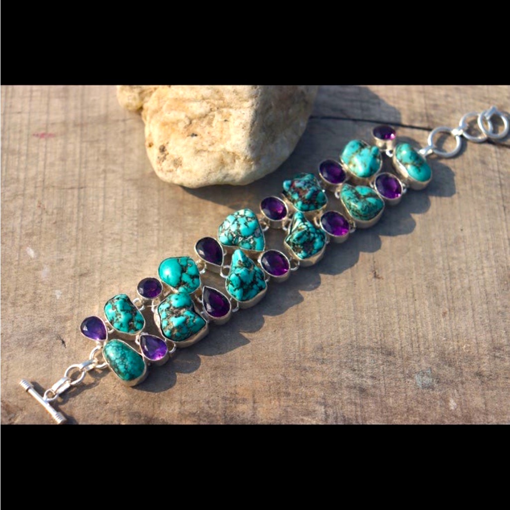 Gorgeous Genuine Turquoise Sterling Silver Amethyst Statement Bracelet